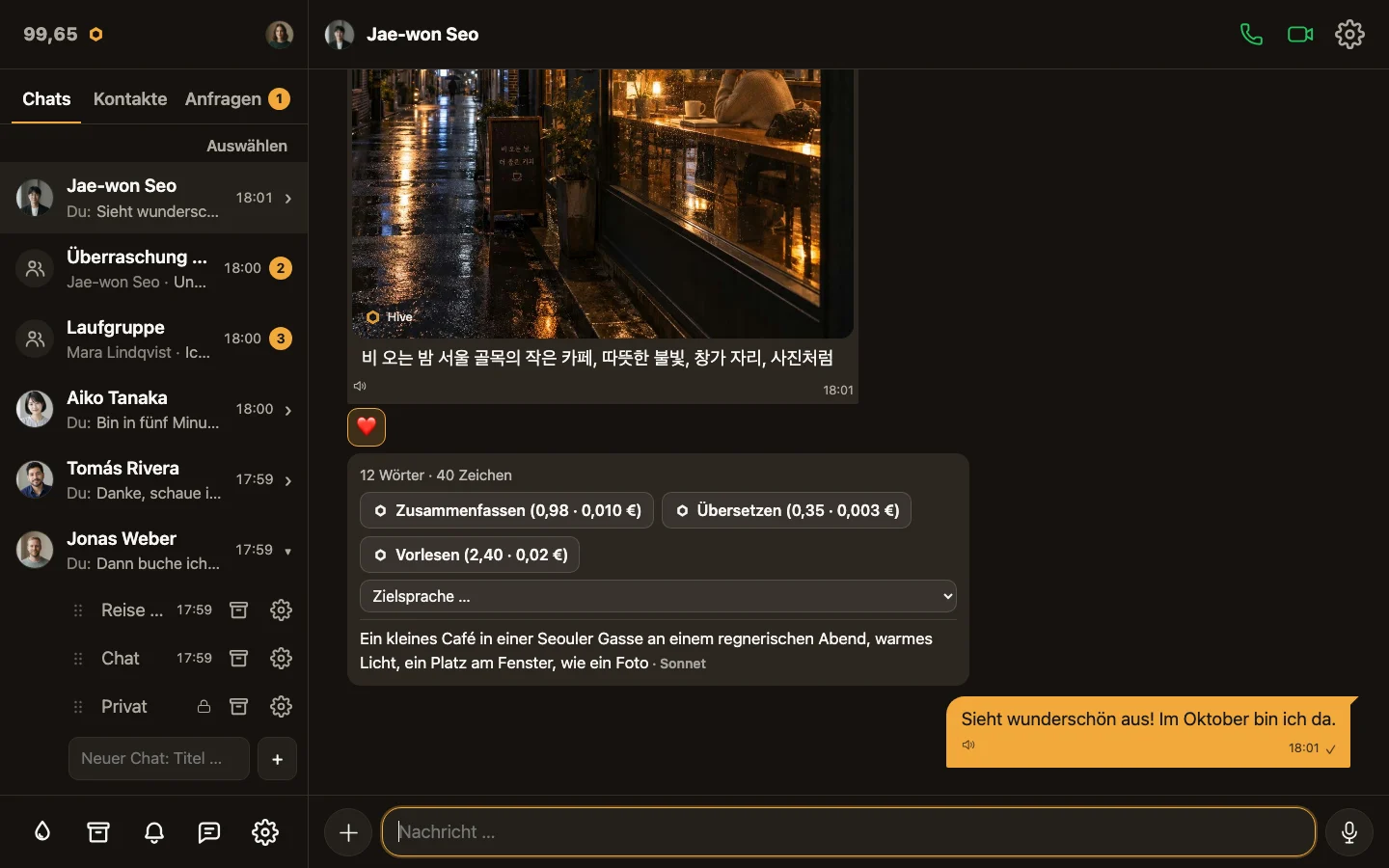 Hive am Rechner: links viele Chats, zwei Gruppen und die Frequenzen von Jonas mit einem Secret Chat, rechts ein KI-Bild im Chat mit Jae-won und die Übersetzung darunter.