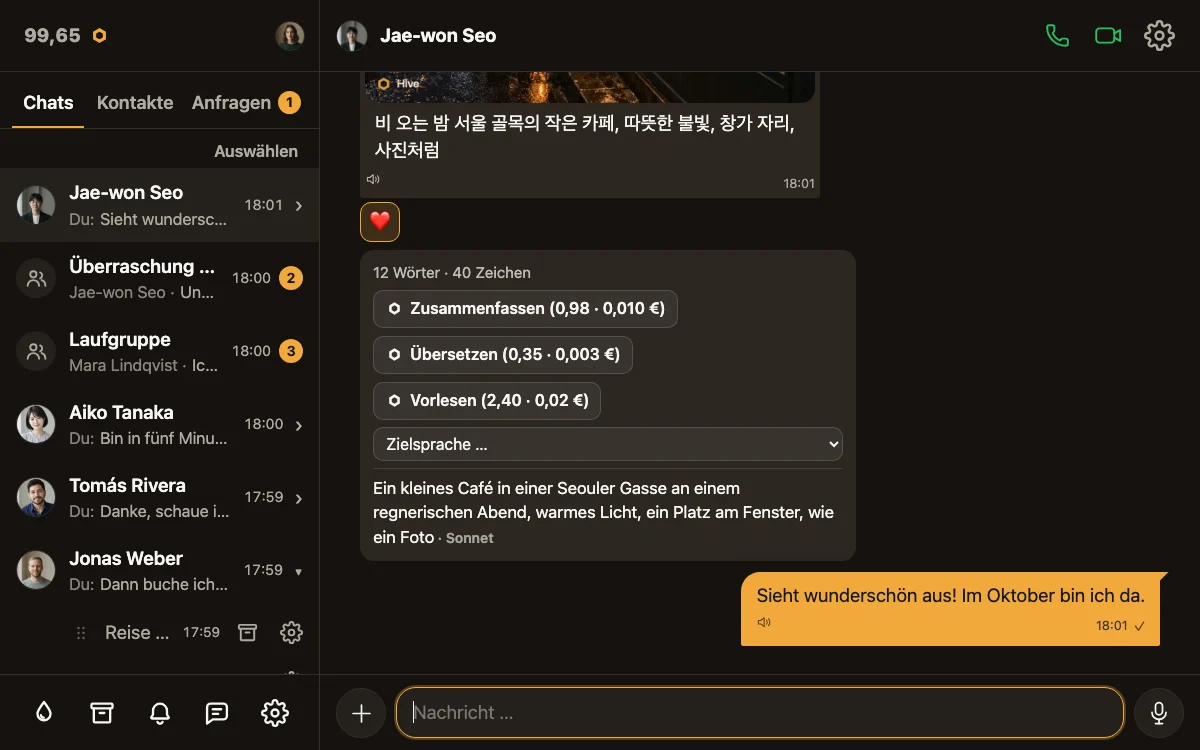 Hive am Rechner: die Chatliste und der Chat mit Jae-won mit KI-Bild und Übersetzung.