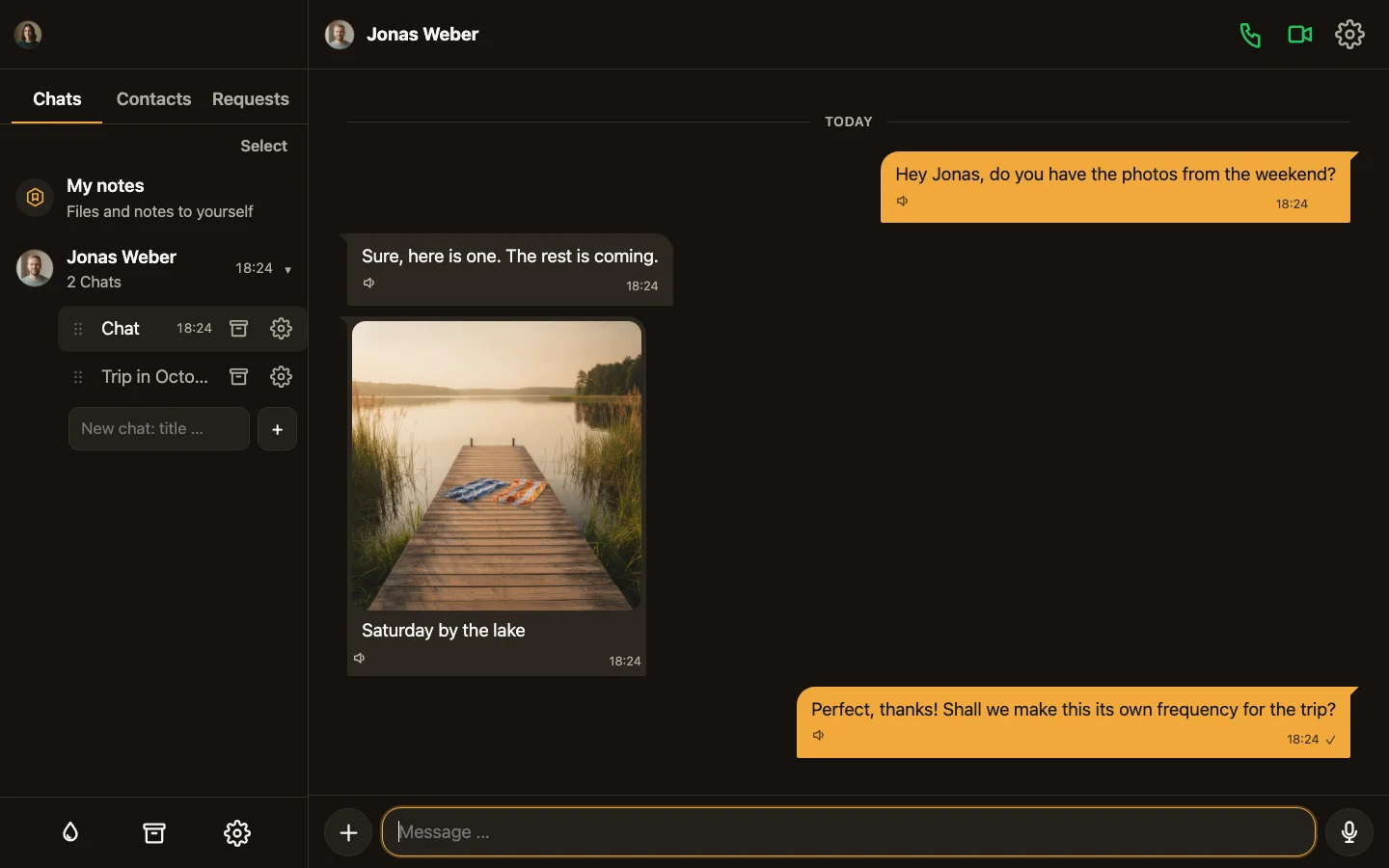 Hive al computer: a sinistra la lista chat con il contatto Jonas e le sue due chat, a destra la chat aperta con testo e foto.