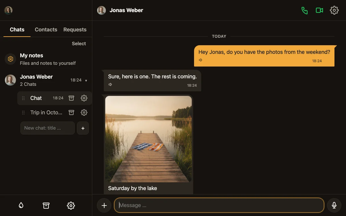 Hive al computer: lista chat e chat aperta con Jonas.