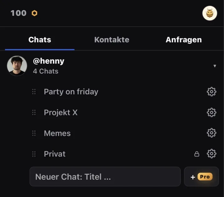 Frequencies in Hive — the contact @henny with four separate chat rooms (Party on friday, Projekt X, Memes, Privat)